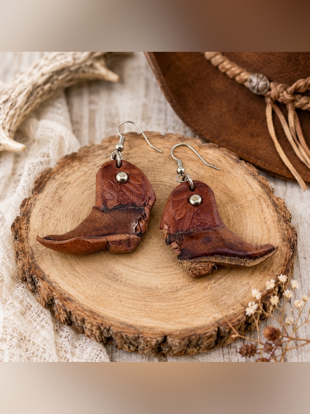 Brown Leather Cowboy Boot Earrings Western Cowgirl Tooled Dangle Jewelry